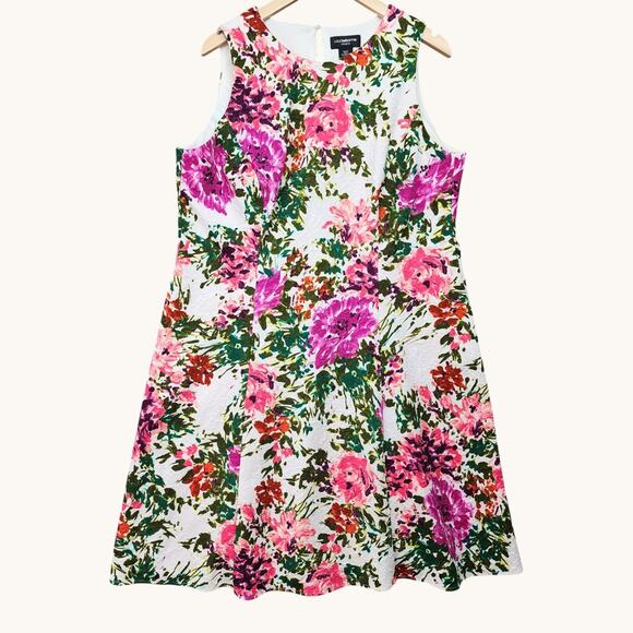 Liz Claiborne Women’s 16W Floral A-Line Dress Pink White Textured Stretch Church - Picture 10 of 14
